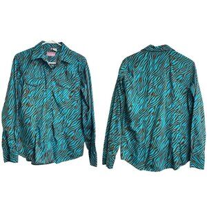 RANSOM RANCH Women Snap Top Front Long Sleeve Rodeo Cowgirl Teal Brown L 56-21